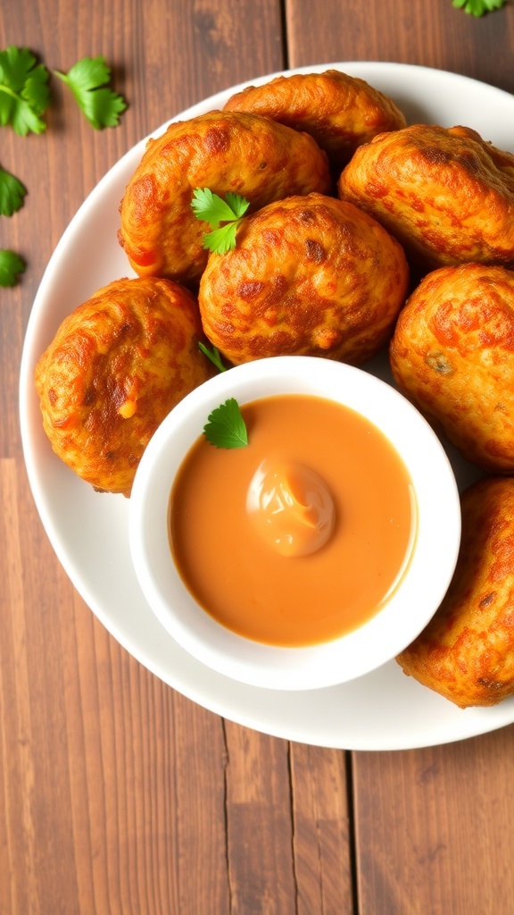 Golden-brown kidney bean patties garnished with parsley, served with dipping sauce on a rustic table.